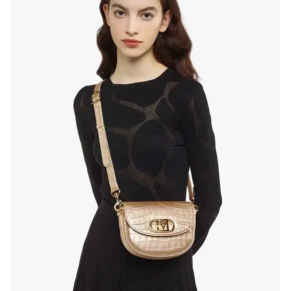 MCM Mode Travia Crossbody Bag Gold Croco Embossed with 24K Gold Plated Logo NWT